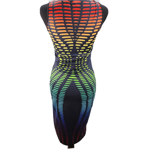 Y2K Bodycon Dress JR Medium Black Rainbow Dashes Dots Stretch Sexy Party Clubwea - Picture 3 of 15